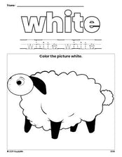 Free Easter lamb color white coloring page and color worksheet, white worksheet for preschoolers to learn colors, printable PDF