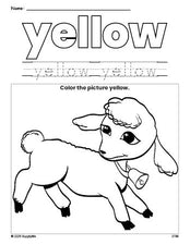 Free Easter lamb color yellow coloring page and color worksheet, yellow worksheet for preschoolers to learn colors, printable PDF