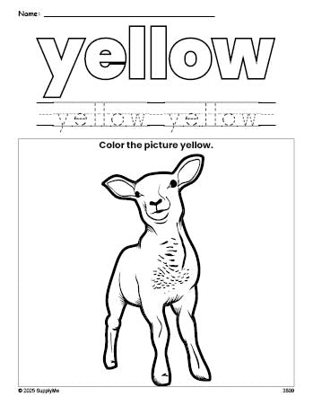 Free Easter lamb color yellow coloring page and color worksheet, yellow worksheet for preschoolers to learn colors, printable PDF