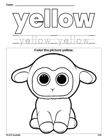 Free Easter lamb color yellow coloring page and color worksheet, yellow worksheet for preschoolers to learn colors, printable PDF