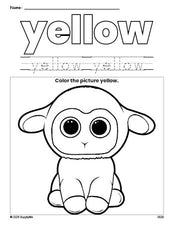 Free Easter lamb color yellow coloring page and color worksheet, yellow worksheet for preschoolers to learn colors, printable PDF