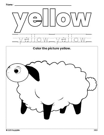 Free Easter lamb color yellow coloring page and color worksheet, yellow worksheet for preschoolers to learn colors, printable PDF