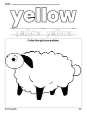 Free Easter lamb color yellow coloring page and color worksheet, yellow worksheet for preschoolers to learn colors, printable PDF