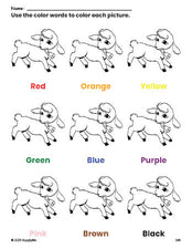 Free Easter lamb coloring page and color worksheet for preschoolers to learn colors, printable PDF