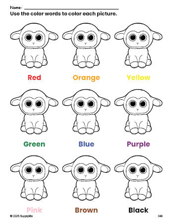 Free Easter lamb coloring page and color worksheet for preschoolers to learn colors, printable PDF