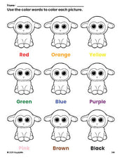 Free Easter lamb coloring page and color worksheet for preschoolers to learn colors, printable PDF