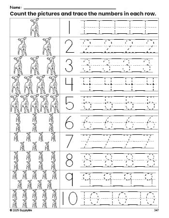 Free printable Easter lamb counting worksheet for preschool and pre-k with number tracing practice 1-10, PDF