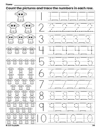 Free printable Easter lamb counting worksheet for preschool and pre-k with number tracing practice 1-10, PDF