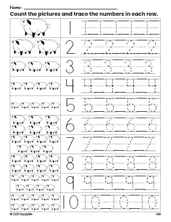 Free printable Easter lamb counting worksheet for preschool and pre-k with number tracing practice 1-10, PDF