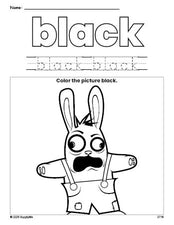 Free Easter rabbit color black coloring page and color worksheet, black worksheet for preschoolers to learn colors, printable PDF