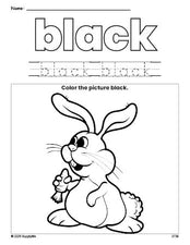 Free Easter rabbit color black coloring page and color worksheet, black worksheet for preschoolers to learn colors, printable PDF