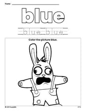 Free Easter rabbit color blue coloring page and color worksheet, blue worksheet for preschoolers to learn colors, printable PDF