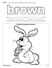 Free Easter rabbit color brown coloring page and color worksheet, brown worksheet for preschoolers to learn colors, printable PDF