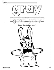 Free Easter rabbit color gray coloring page and color worksheet, gray worksheet for preschoolers to learn colors, printable PDF