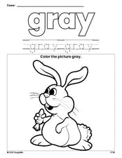 Free Easter rabbit color gray coloring page and color worksheet, gray worksheet for preschoolers to learn colors, printable PDF