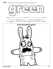 Free Easter rabbit color green coloring page and color worksheet, green worksheet for preschoolers to learn colors, printable PDF