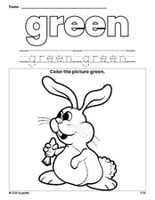 Free Easter rabbit color green coloring page and color worksheet, green worksheet for preschoolers to learn colors, printable PDF