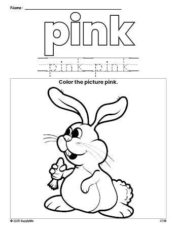 Free Easter rabbit color pink coloring page and color worksheet, pink worksheet for preschoolers to learn colors, printable PDF