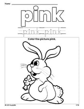 Free Easter rabbit color pink coloring page and color worksheet, pink worksheet for preschoolers to learn colors, printable PDF