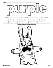 Free Easter rabbit color purple coloring page and color worksheet, purple worksheet for preschoolers to learn colors, printable PDF