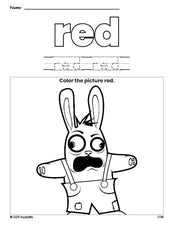 Free Easter rabbit color red coloring page and color worksheet, red worksheet for preschoolers to learn colors, printable PDF