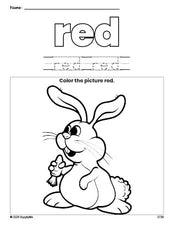 Free Easter rabbit color red coloring page and color worksheet, red worksheet for preschoolers to learn colors, printable PDF