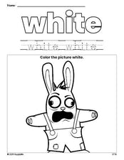 Free Easter rabbit color white coloring page and color worksheet, white worksheet for preschoolers to learn colors, printable PDF