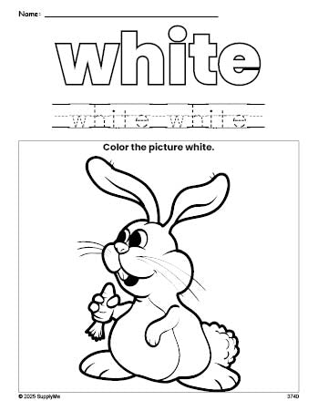 Free Easter rabbit color white coloring page and color worksheet, white worksheet for preschoolers to learn colors, printable PDF