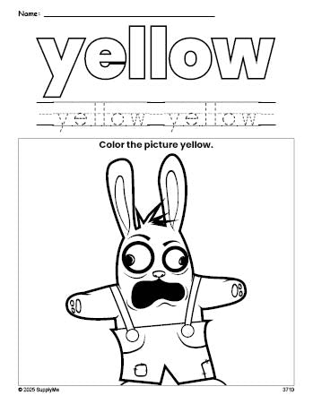 Free Easter rabbit color yellow coloring page and color worksheet, yellow worksheet for preschoolers to learn colors, printable PDF