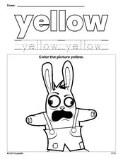 Free Easter rabbit color yellow coloring page and color worksheet, yellow worksheet for preschoolers to learn colors, printable PDF