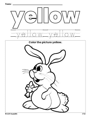 Free Easter rabbit color yellow coloring page and color worksheet, yellow worksheet for preschoolers to learn colors, printable PDF