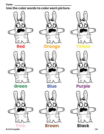 Free Easter rabbit coloring page and color worksheet for preschoolers to learn colors, printable PDF