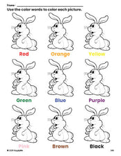 Free Easter rabbit coloring page and color worksheet for preschoolers to learn colors, printable PDF