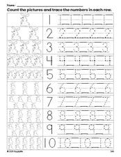 Free printable Easter rabbit counting worksheet for preschool and pre-k with number tracing practice 1-10, PDF