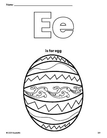 Free printable egg Easter coloring page, letter e coloring page for preschool, pre-k, and kindergarten, PDF