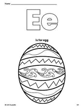 Free printable egg Easter coloring page, letter e coloring page for preschool, pre-k, and kindergarten, PDF