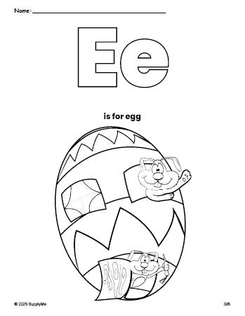 Free printable egg Easter coloring page, letter e coloring page for preschool, pre-k, and kindergarten, PDF