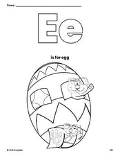 Free printable egg Easter coloring page, letter e coloring page for preschool, pre-k, and kindergarten, PDF