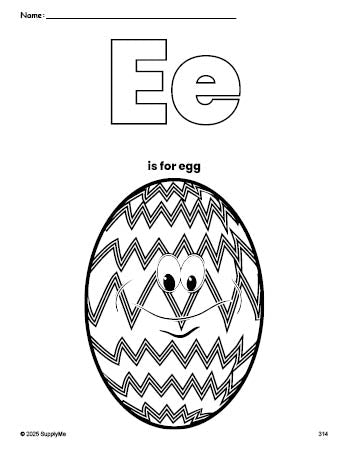 Free printable egg Easter coloring page, letter e coloring page for preschool, pre-k, and kindergarten, PDF