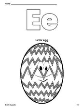 Free printable egg Easter coloring page, letter e coloring page for preschool, pre-k, and kindergarten, PDF