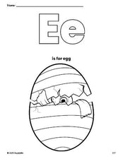 Free printable egg Easter coloring page, letter e coloring page for preschool, pre-k, and kindergarten, PDF