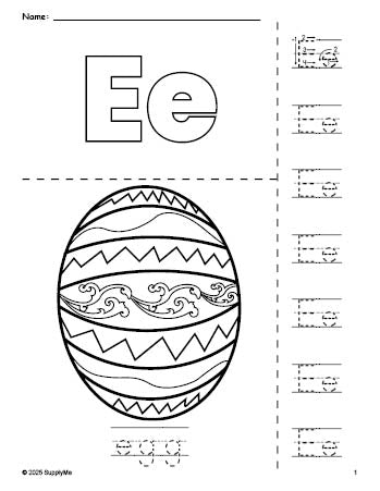 Free printable egg Easter coloring page and letter tracing worksheet, letter e worksheet for preschool, pre-k, and kindergarten, PDF