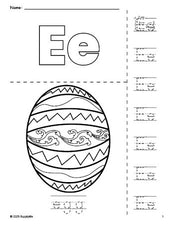 Free printable egg Easter coloring page and letter tracing worksheet, letter e worksheet for preschool, pre-k, and kindergarten, PDF