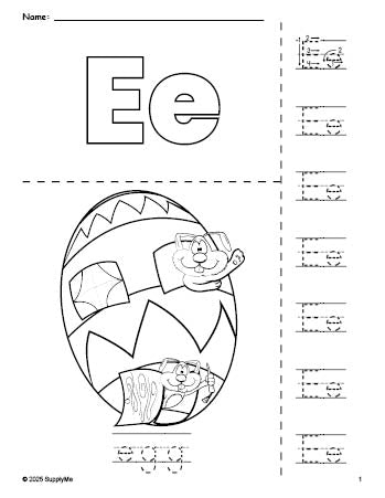 Free printable egg Easter coloring page and letter tracing worksheet, letter e worksheet for preschool, pre-k, and kindergarten, PDF