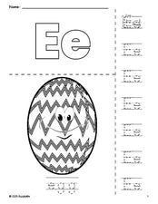 Free printable egg Easter coloring page and letter tracing worksheet, letter e worksheet for preschool, pre-k, and kindergarten, PDF