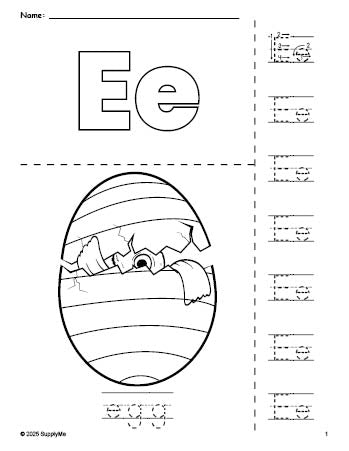 Free printable egg Easter coloring page and letter tracing worksheet, letter e worksheet for preschool, pre-k, and kindergarten, PDF