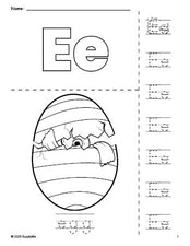 Free printable egg Easter coloring page and letter tracing worksheet, letter e worksheet for preschool, pre-k, and kindergarten, PDF