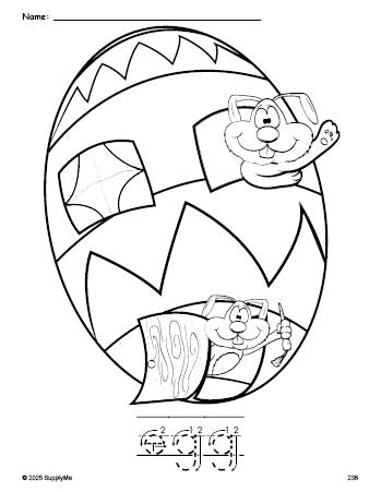 Free printable egg Easter coloring page and word tracing worksheet, letter formation guides, perfect for preschool, pre-k, and kindergarten, PDF