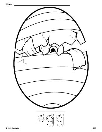 Free printable egg Easter coloring page and word tracing worksheet, letter formation guides, perfect for preschool, pre-k, and kindergarten, PDF