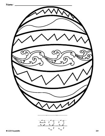 Free printable egg Easter coloring page and word tracing worksheet, perfect for preschool, pre-k, and kindergarten, PDF